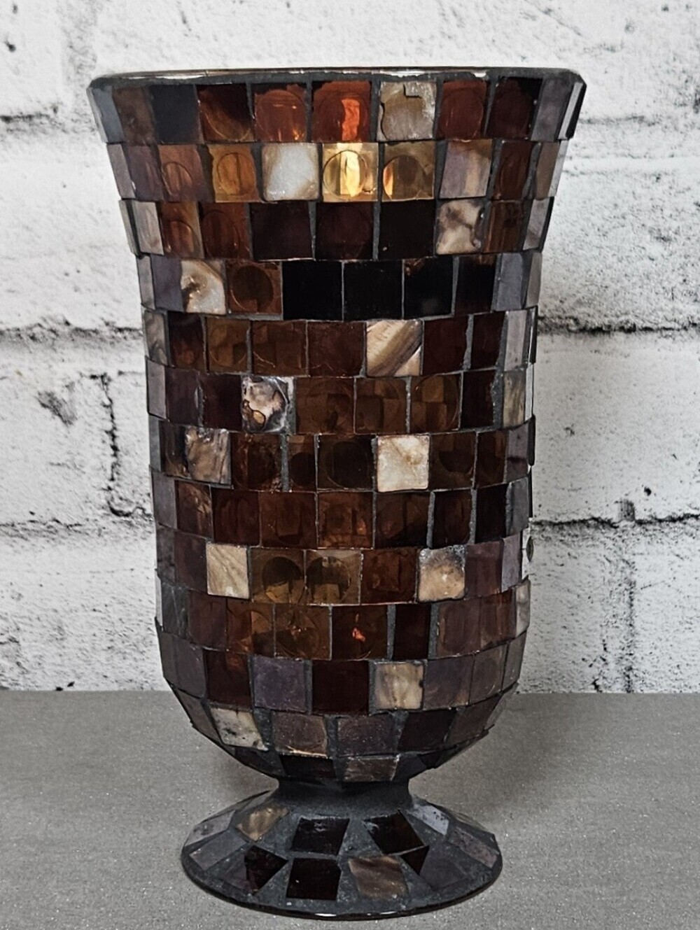 Mosaic Glass Vase Brown Amber Mother of Pearl Pedestal Decor